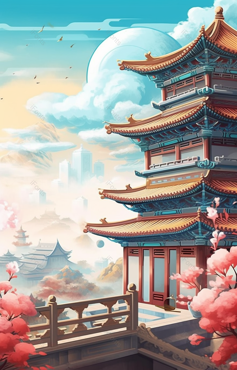 高山上宏伟的古建筑国潮中国风建筑插画背景,插画/手绘图,插画/手绘图库,插画/手绘图下载,插画/手绘